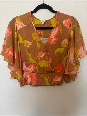 Anthropologie Brown Floral Wrap Blouse with Coral and Tan Accents